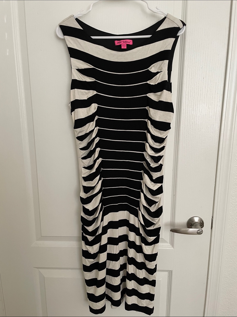 Betsey Johnson Black and White Striped Ruched Midi Dress